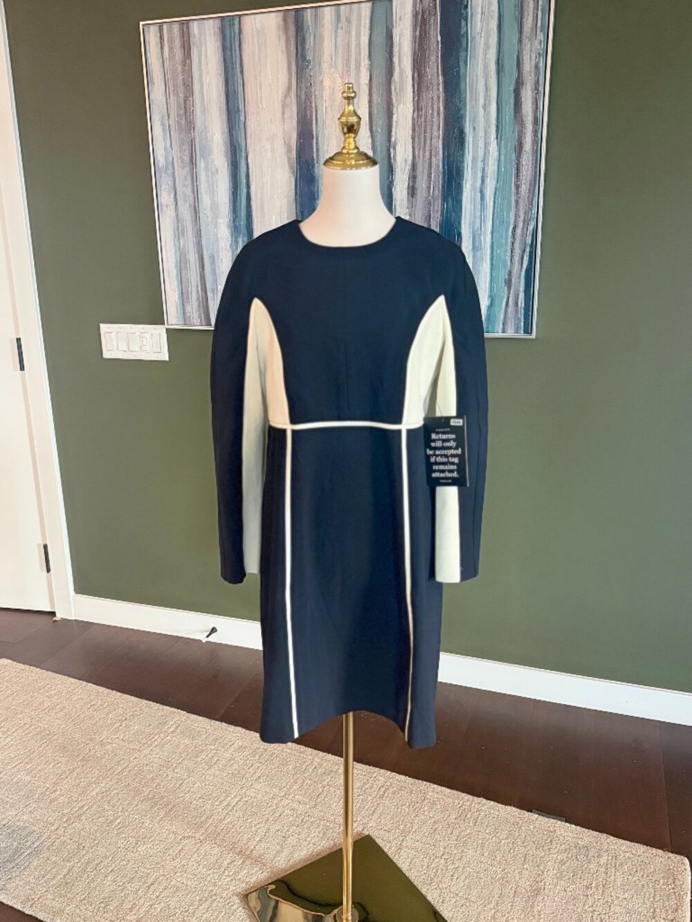 Navy Cream Colorblock Shift Dress Exposed Gold Back Zip NWT